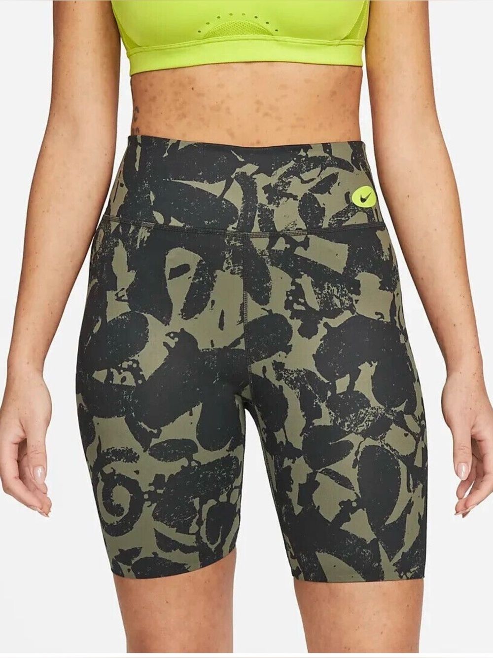Nike Womens Camo Biker Shorts Olive Green Black Neon Yellow High Waist xs
